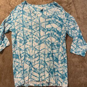 Chicos Shirt Women's Size 2 Tunic Large Beaded Blue White Top Pattern Vneck